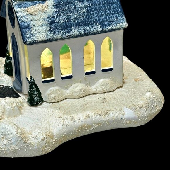 Vintage Christmas Village Snowy Church Chapel 2 Piece Lighted Blue White 11.5" - Picture 9 of 12